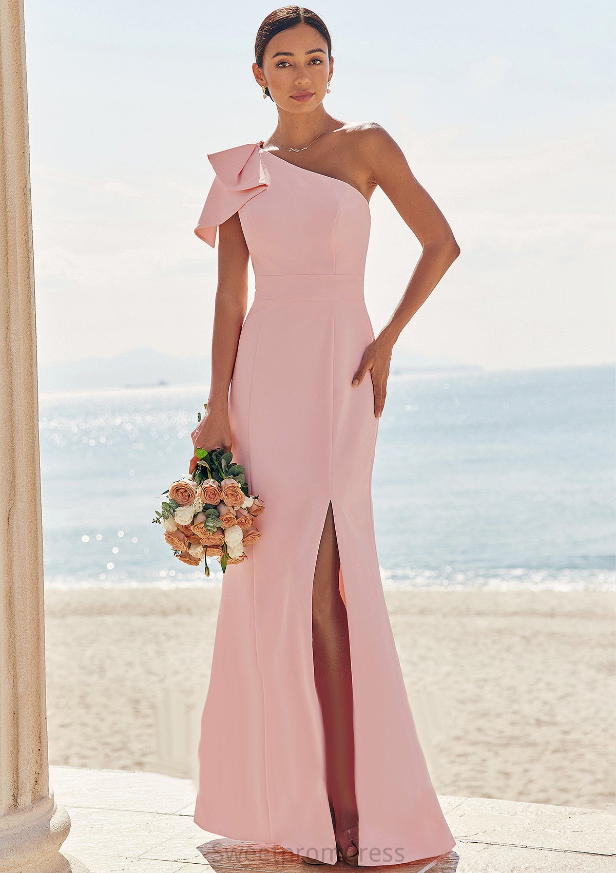 Sheath/Column One-Shoulder Sleeveless Floor-Length Stretch Crepe Bridesmaid Dresses with Bowknot Split Karsyn DHP0025230