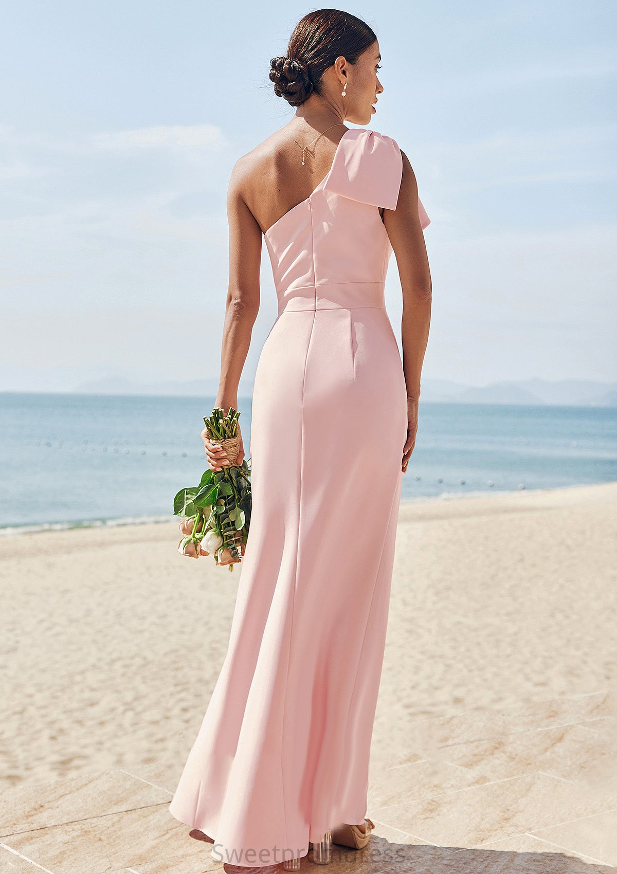 Sheath/Column One-Shoulder Sleeveless Floor-Length Stretch Crepe Bridesmaid Dresses with Bowknot Split Karsyn DHP0025230