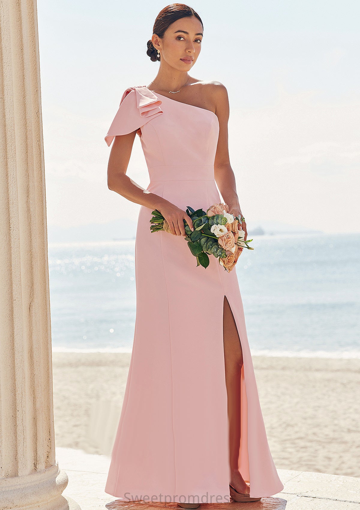 Sheath/Column One-Shoulder Sleeveless Floor-Length Stretch Crepe Bridesmaid Dresses with Bowknot Split Karsyn DHP0025230