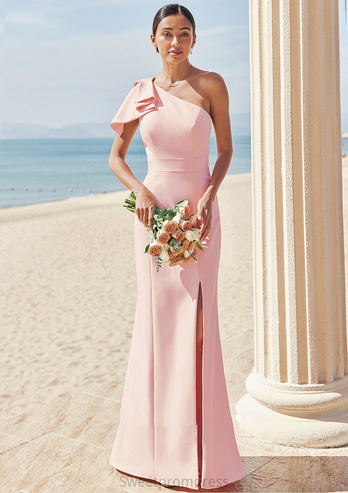 Sheath/Column One-Shoulder Sleeveless Floor-Length Stretch Crepe Bridesmaid Dresses with Bowknot Split Karsyn DHP0025230