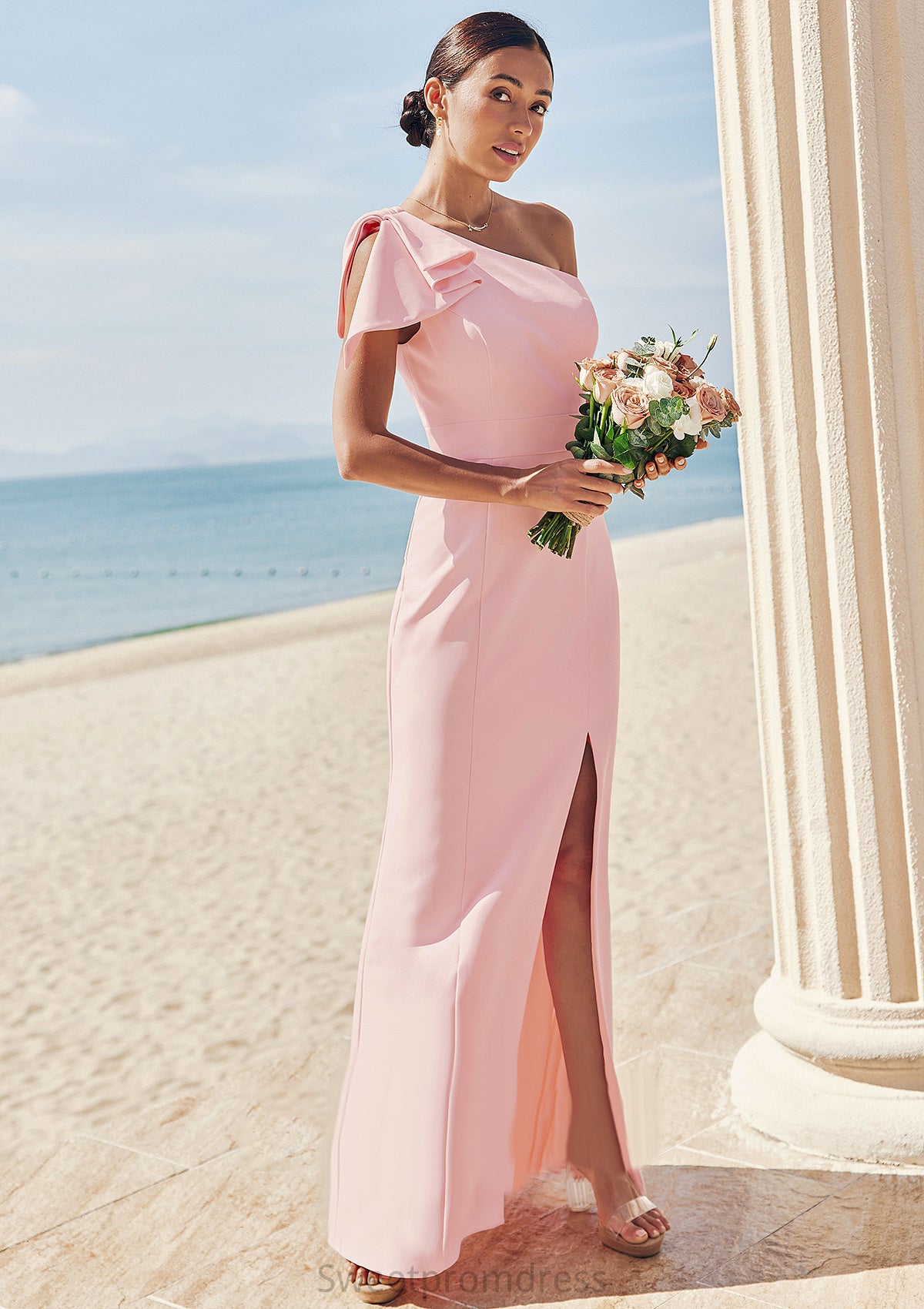 Sheath/Column One-Shoulder Sleeveless Floor-Length Stretch Crepe Bridesmaid Dresses with Bowknot Split Karsyn DHP0025230