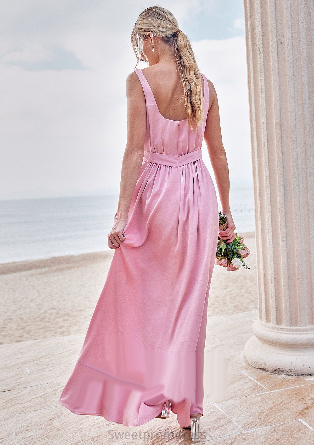 A-line Square Neckline Sleeveless Ankle-Length Stretch Satin Bridesmaid Dresses Emerson DHP0025231