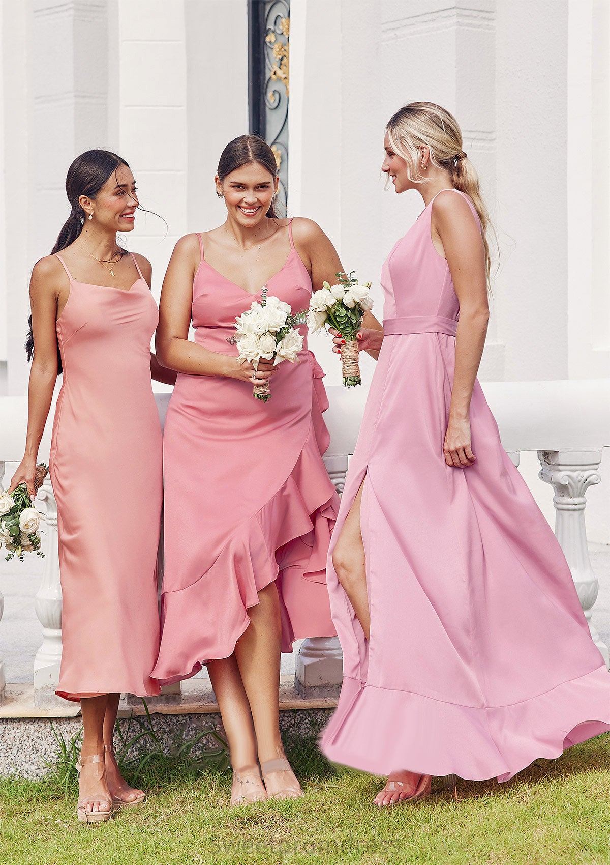 A-line Square Neckline Sleeveless Ankle-Length Stretch Satin Bridesmaid Dresses Emerson DHP0025231