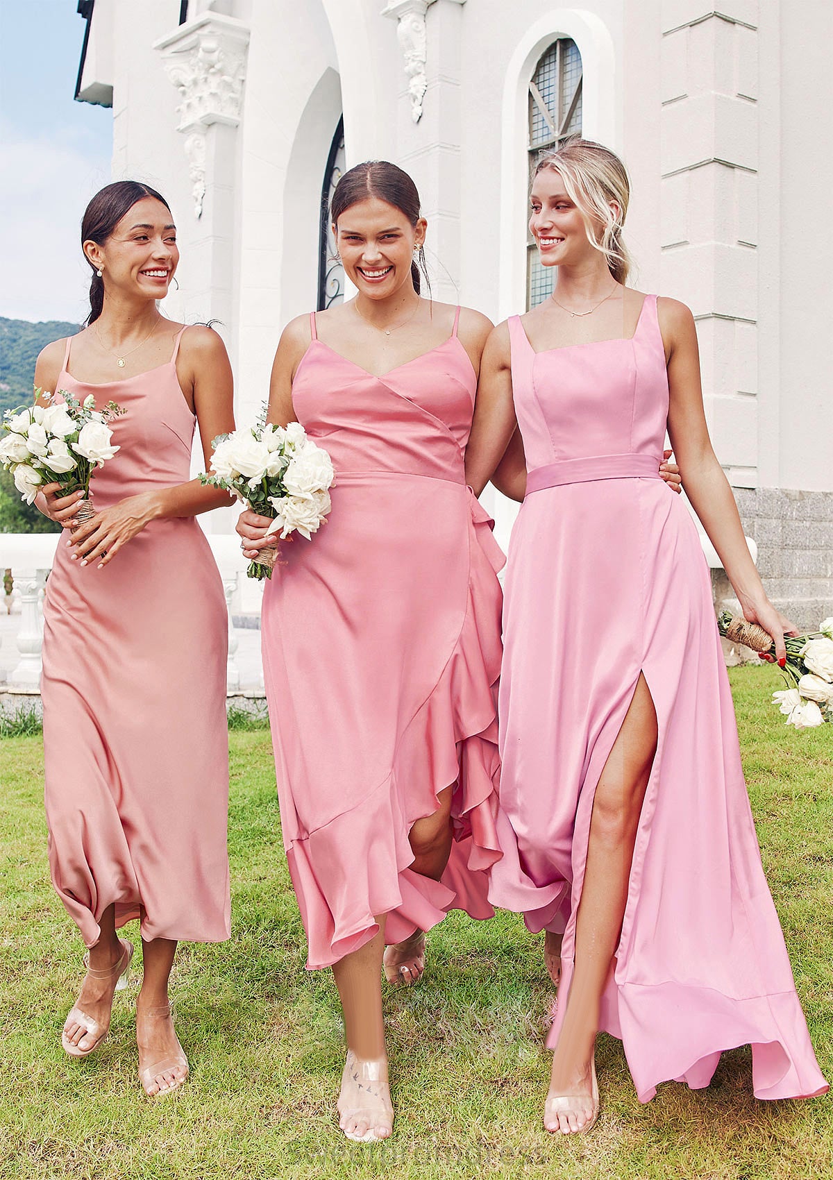 A-line Square Neckline Sleeveless Ankle-Length Stretch Satin Bridesmaid Dresses Emerson DHP0025231