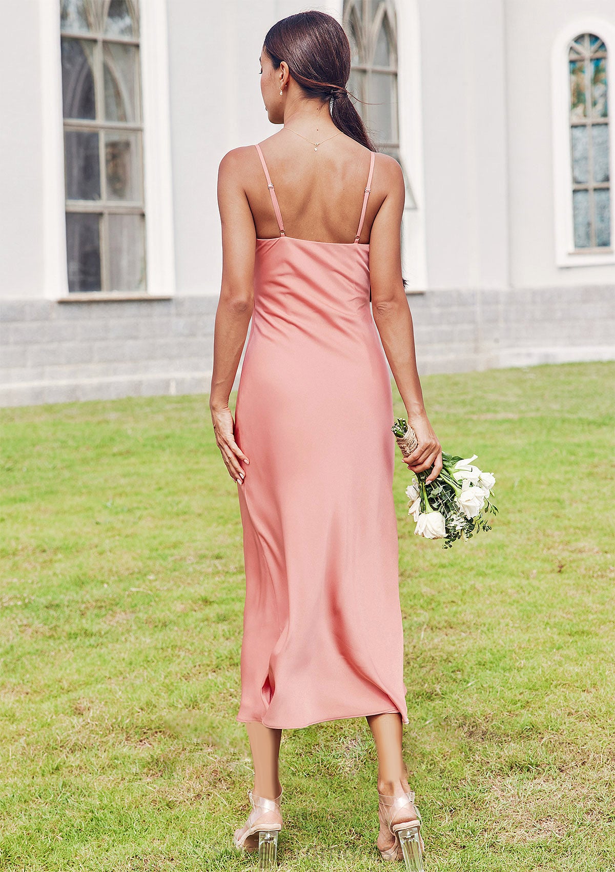 Sheath/Column Cowl Neck Sleeveless Tea-Length Stretch Satin Bridesmaid Dresses Sibyl DHP0025232