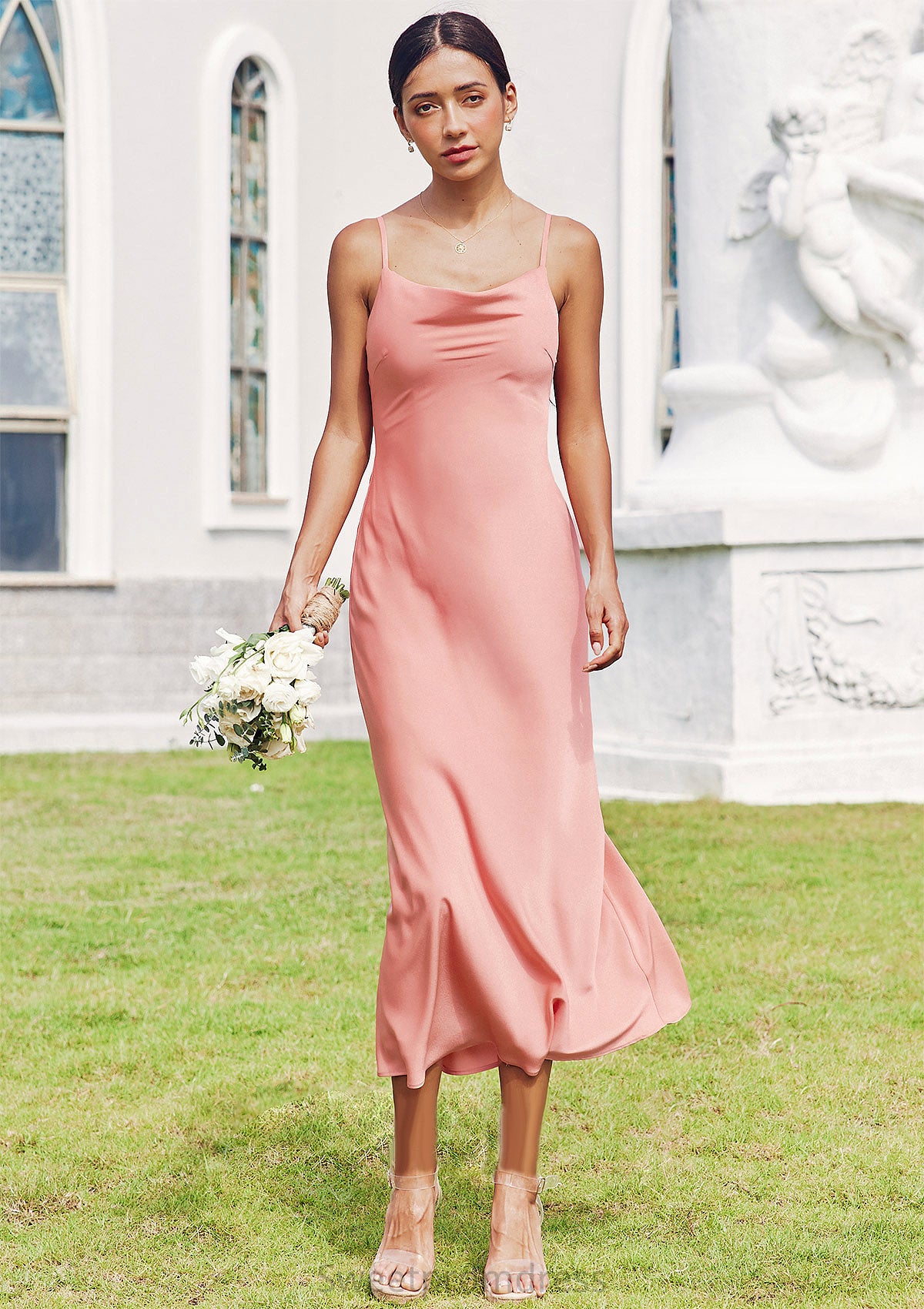 Sheath/Column Cowl Neck Sleeveless Tea-Length Stretch Satin Bridesmaid Dresses Sibyl DHP0025232