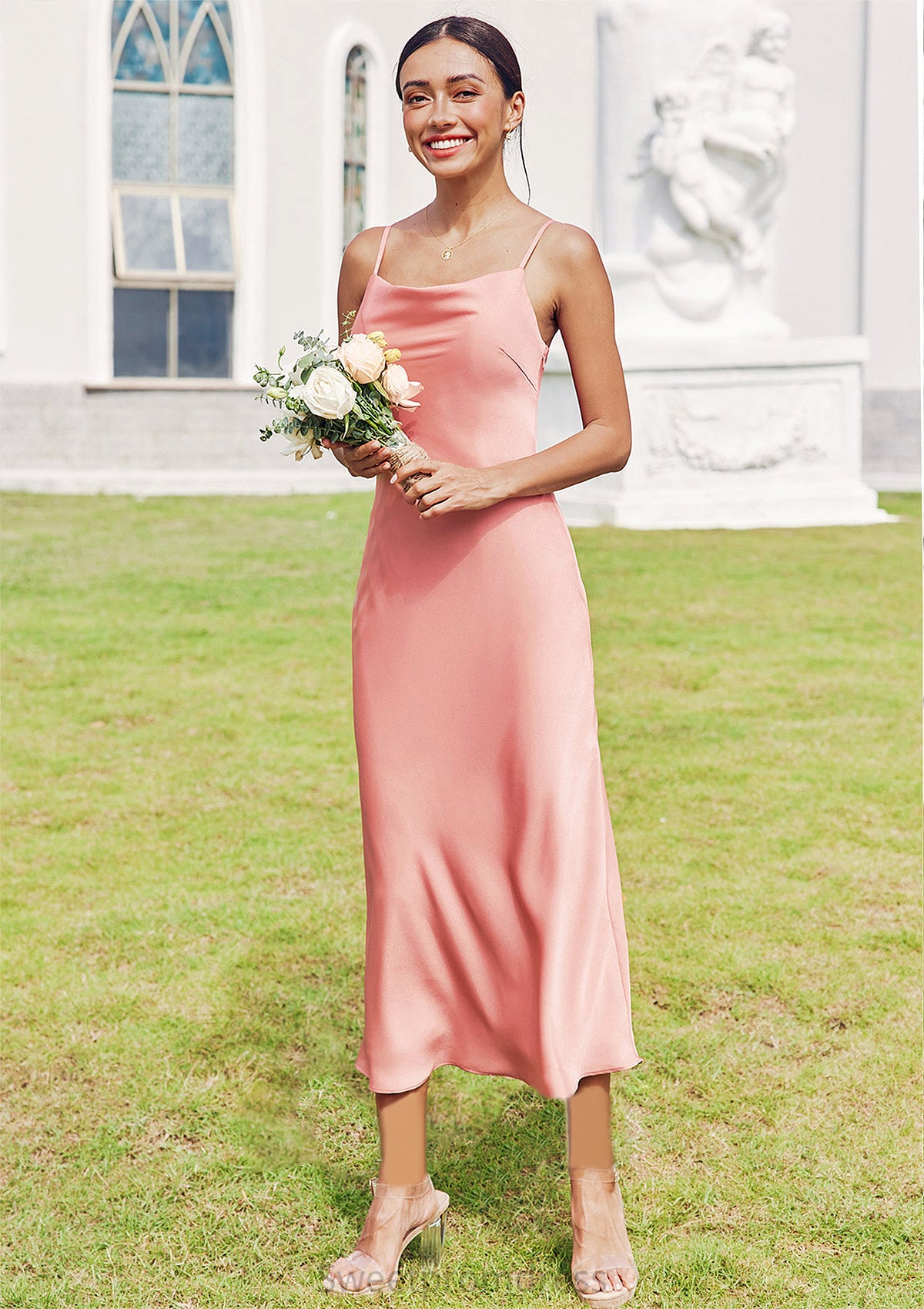 Sheath/Column Cowl Neck Sleeveless Tea-Length Stretch Satin Bridesmaid Dresses Sibyl DHP0025232