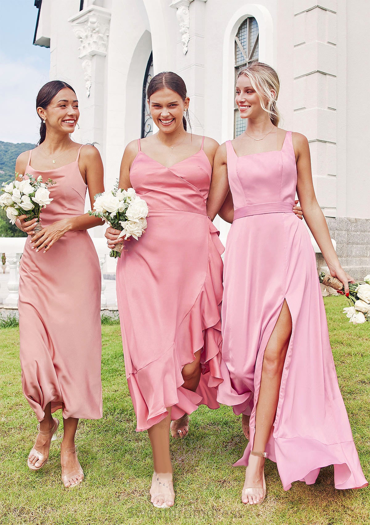 Sheath/Column Cowl Neck Sleeveless Tea-Length Stretch Satin Bridesmaid Dresses Sibyl DHP0025232