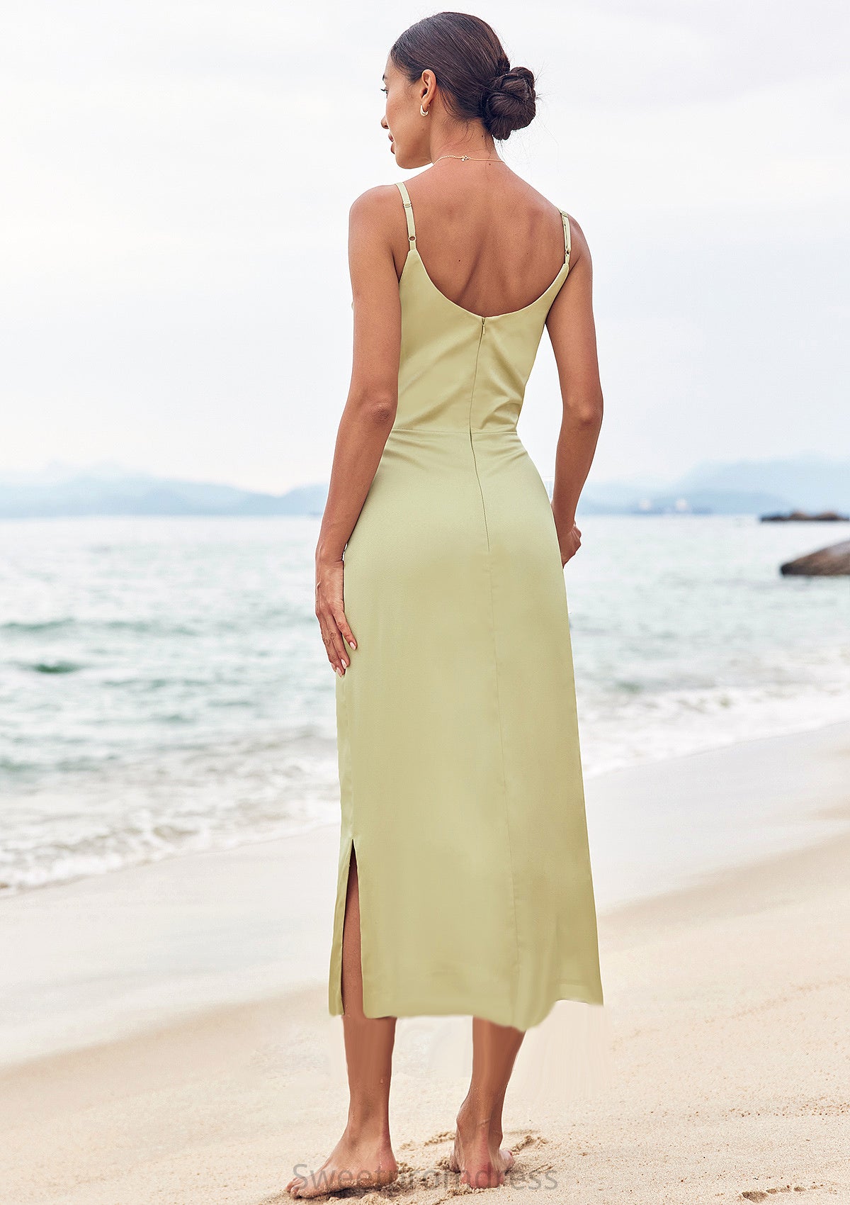 Sheath/Column V Neck Sleeveless Tea-Length Stretch Satin Bridesmaid Dresses with Pleated Split Kenzie DHP0025233