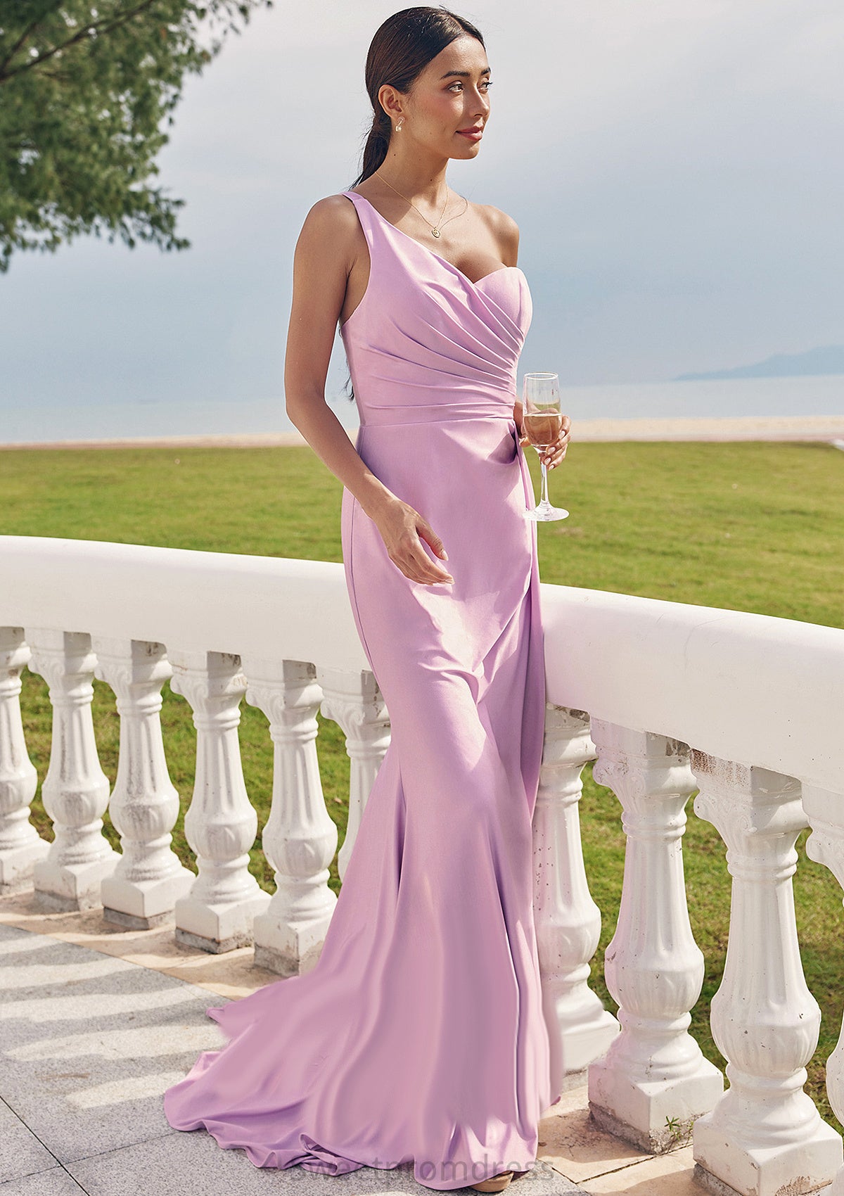 Trumpet/Mermaid One-Shoulder Sleeveless Floor-Length Jersey Bridesmaid Dresses with Pleated Side Draping Ayana DHP0025234