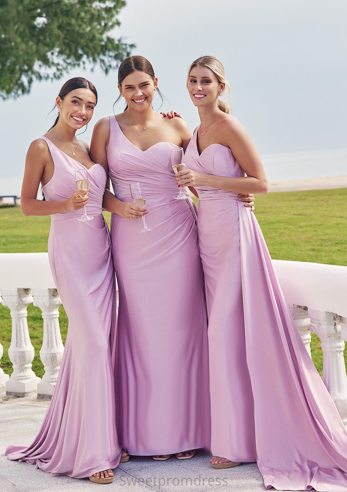 Trumpet/Mermaid One-Shoulder Sleeveless Floor-Length Jersey Bridesmaid Dresses with Pleated Side Draping Ayana DHP0025234