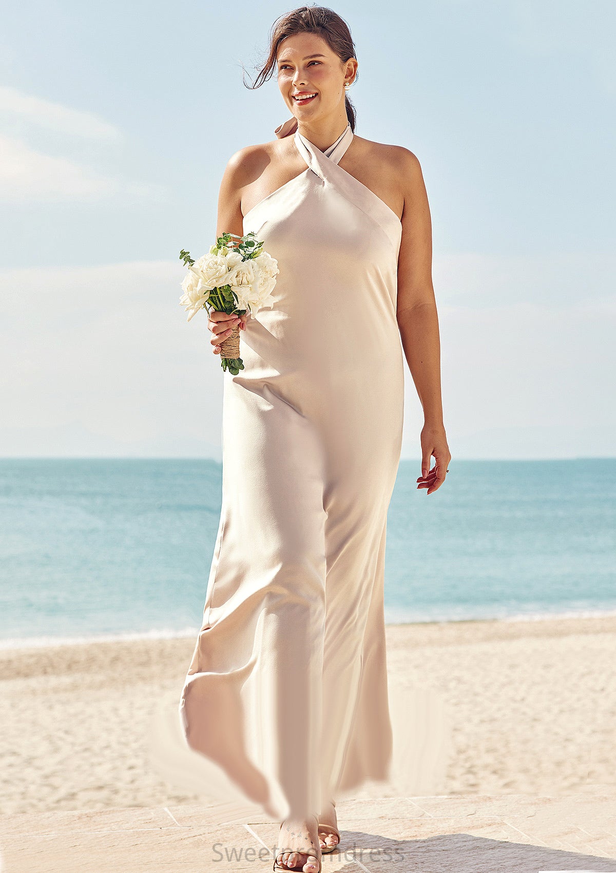 Sheath/Column Halter Sleeveless Ankle-Length Stretch Satin Plus Size Bridesmaid Dresses with Bowknot Joslyn DHP0025237