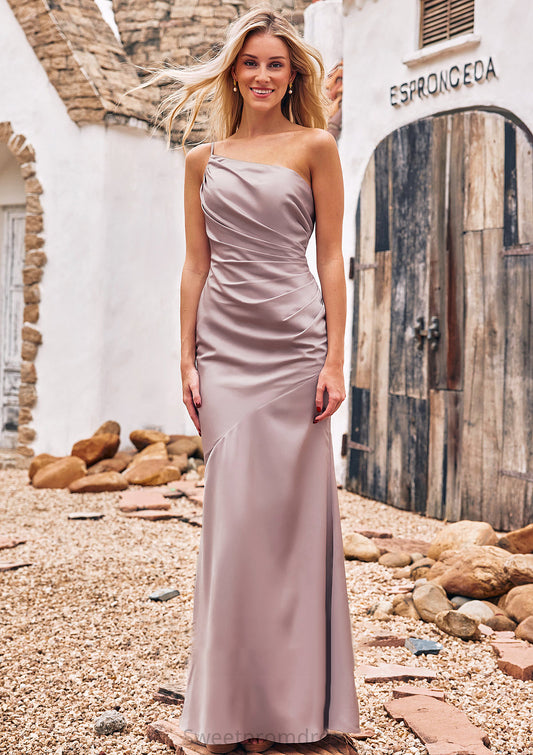 Sheath/Column One-Shoulder Sleeveless Floor-Length Stretch Satin Bridesmaid Dresses with Pleated Lilianna DHP0025238