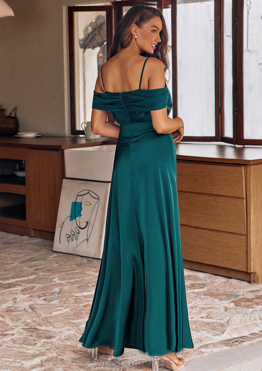 A-line Off-the-Shoulder Sleeveless Floor-Length Stretch Satin Bridesmaid Dresses with Pleated Cassidy DHP0025243