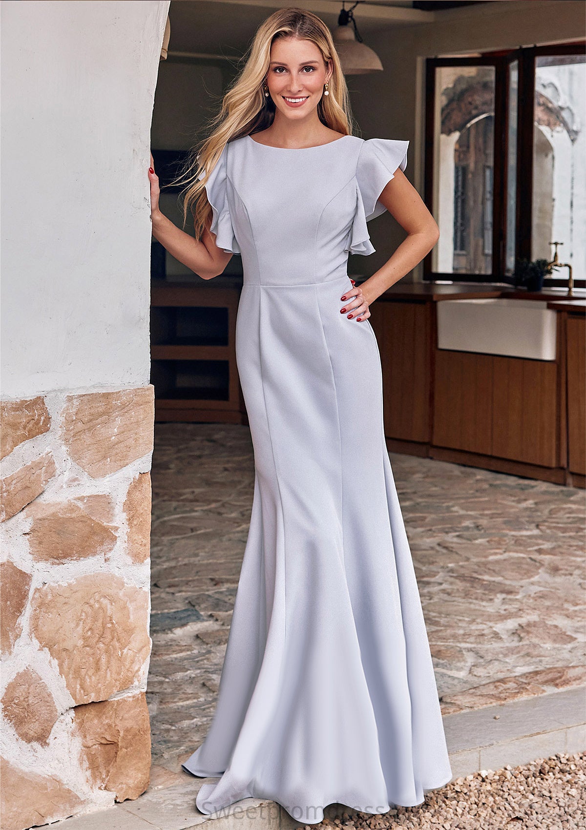 Trumpet/Mermaid Scoop Neck Short Sleeve Floor-Length Stretch Crepe Bridesmaid Dresses with Pleated Ruffles Viviana DHP0025244