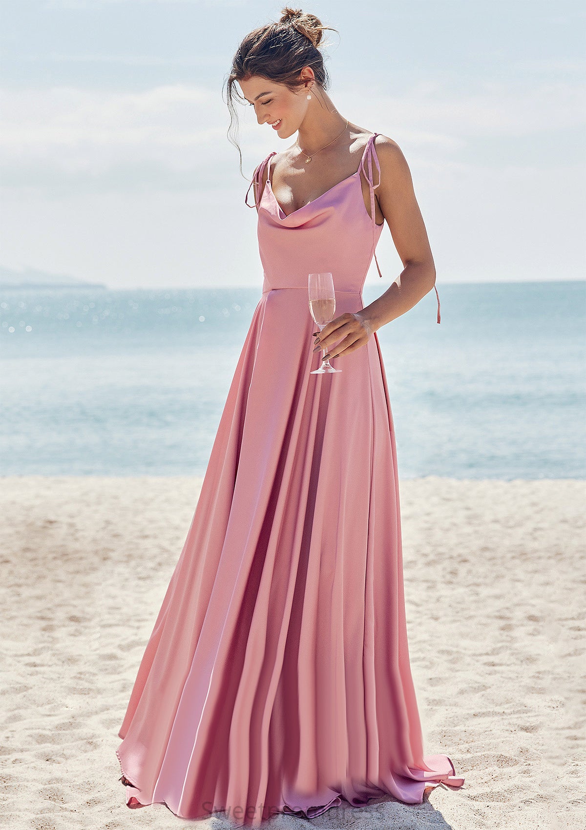 A-line V Neck Sleeveless Floor-Length Stretch Satin Bridesmaid Dresses with Split Akira DHP0025247