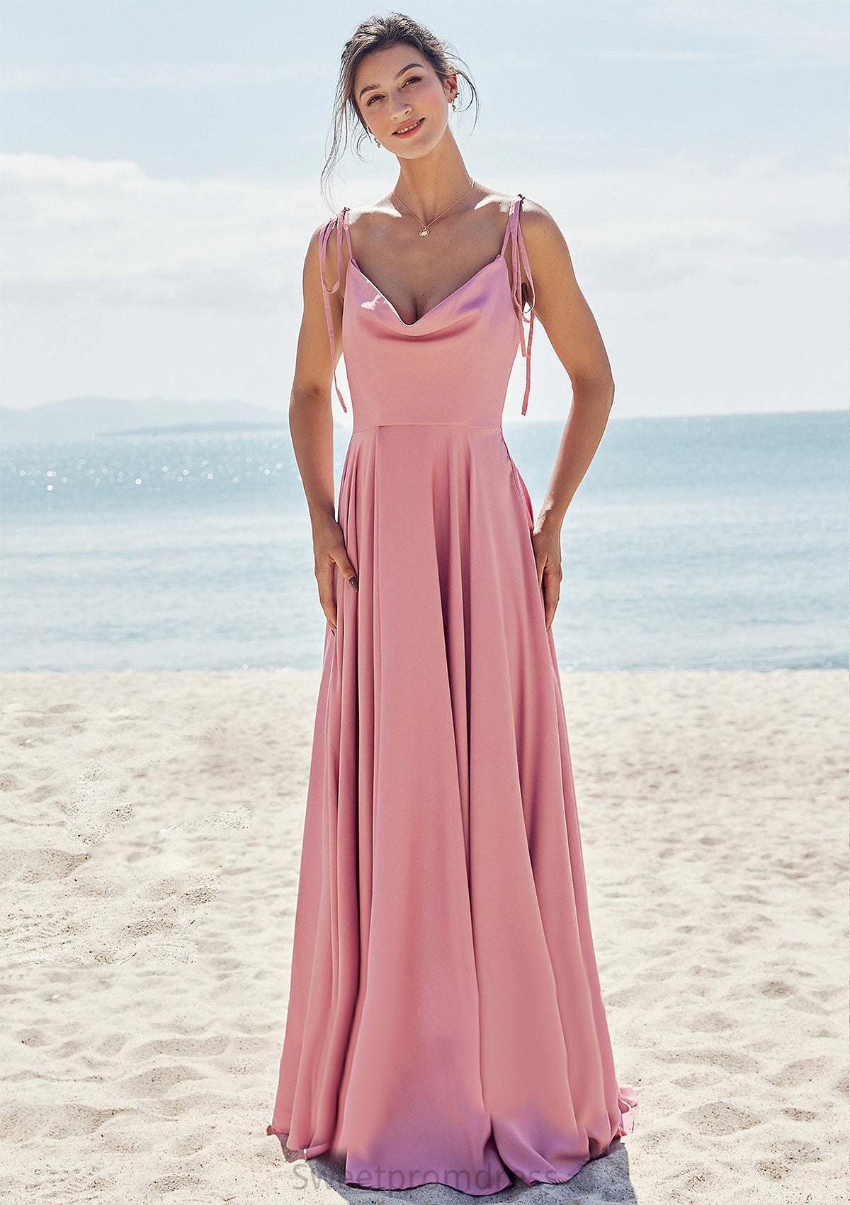 A-line V Neck Sleeveless Floor-Length Stretch Satin Bridesmaid Dresses with Split Akira DHP0025247