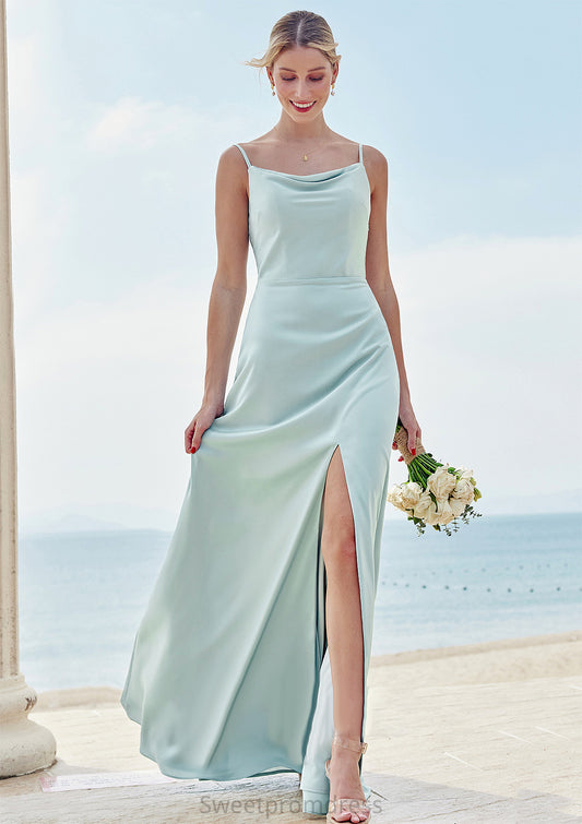 A-line Square Neckline Sleeveless Floor-Length Stretch Satin Bridesmaid Dresses with Split Aryana DHP0025248