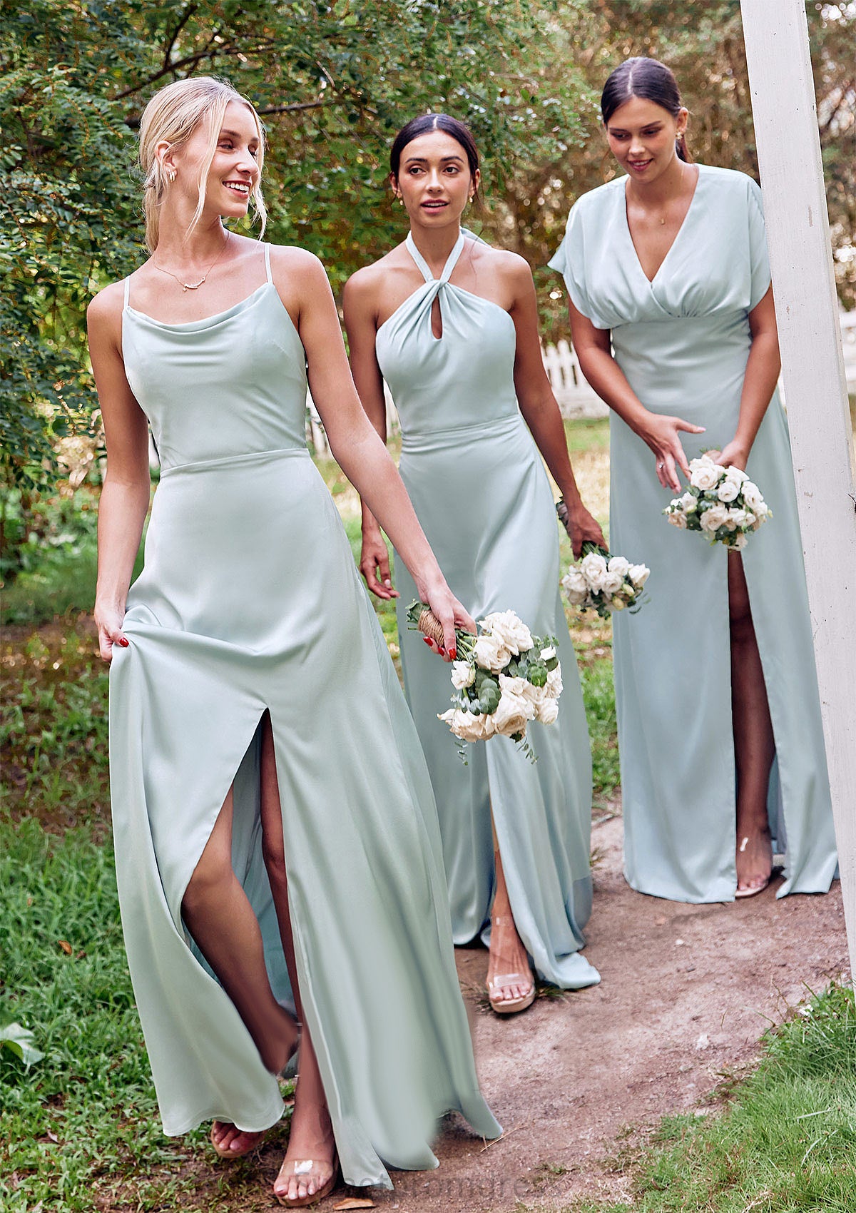 A-line Square Neckline Sleeveless Floor-Length Stretch Satin Bridesmaid Dresses with Split Aryana DHP0025248