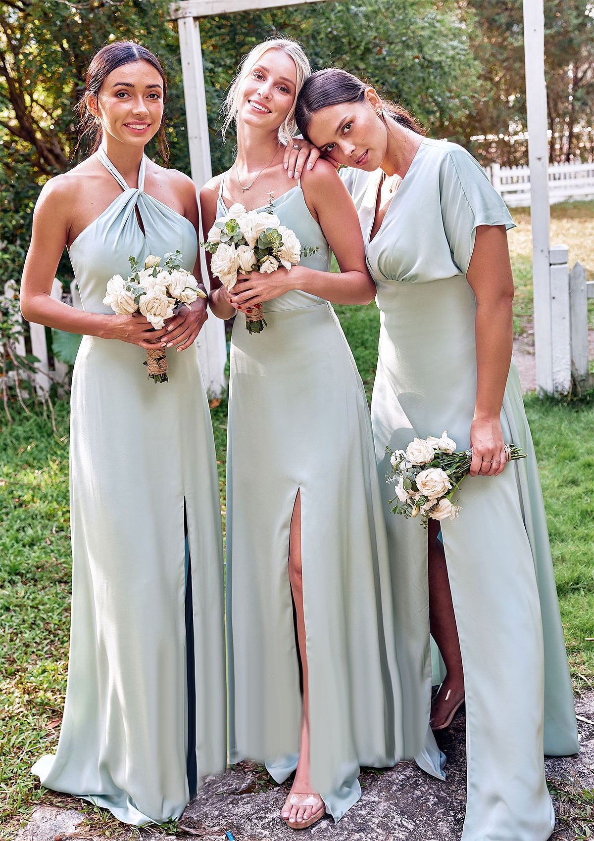 Empire V Neck Short Sleeve Floor-Length Stretch Satin Bridesmaid Dresses with Split Armani DHP0025249