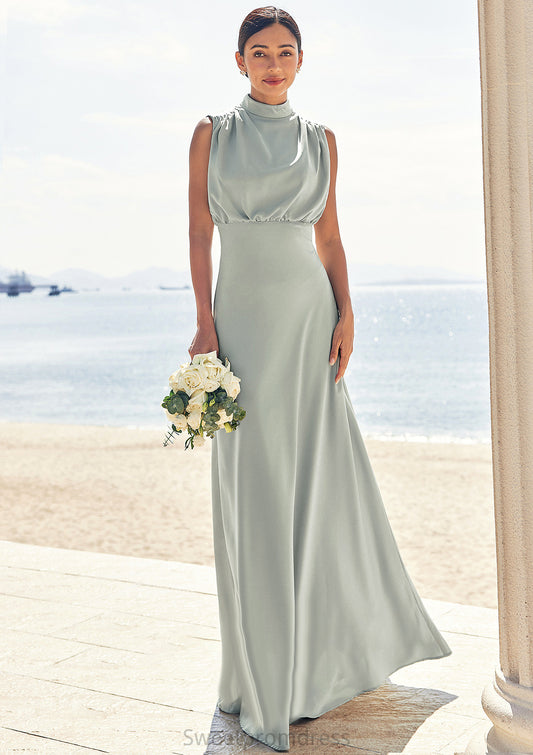 A-line High-Neck Sleeveless Floor-Length Stretch Satin Bridesmaid Dresses Sandra DHP0025252