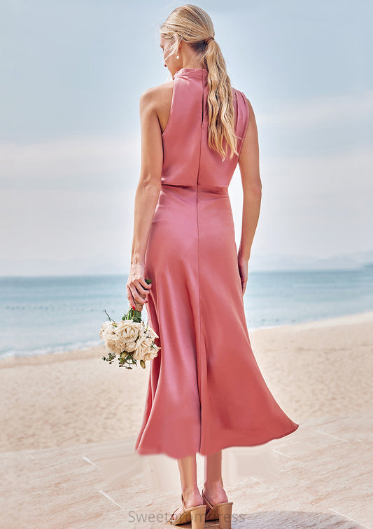 Sheath/Column High-Neck Sleeveless Tea-Length Stretch Satin Bridesmaid Dresses with Pleated Jenna DHP0025257