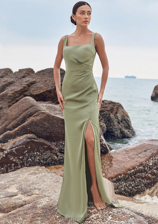 Sheath/Column Square Neckline Sleeveless Floor-Length Stretch Satin Bridesmaid Dresses with Pleated Split Winifred DHP0025258