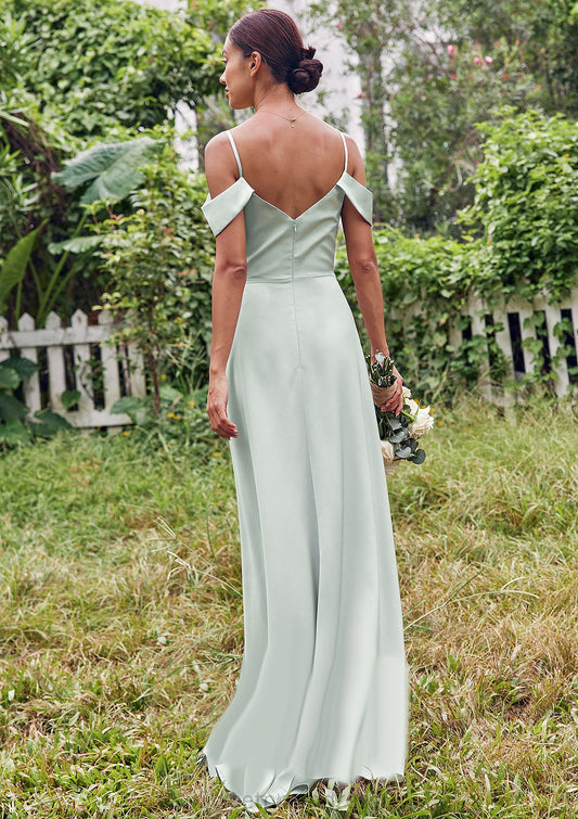 A-line V Neck Sleeveless Floor-Length Stretch Satin Bridesmaid Dresses with Split Aubrie DHP0025263