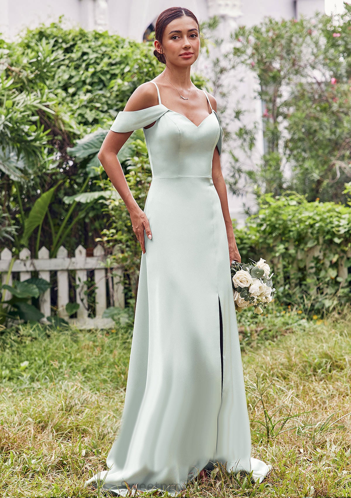 A-line V Neck Sleeveless Floor-Length Stretch Satin Bridesmaid Dresses with Split Aubrie DHP0025263