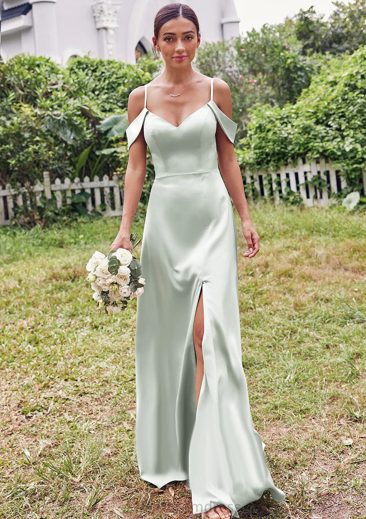 A-line V Neck Sleeveless Floor-Length Stretch Satin Bridesmaid Dresses with Split Aubrie DHP0025263