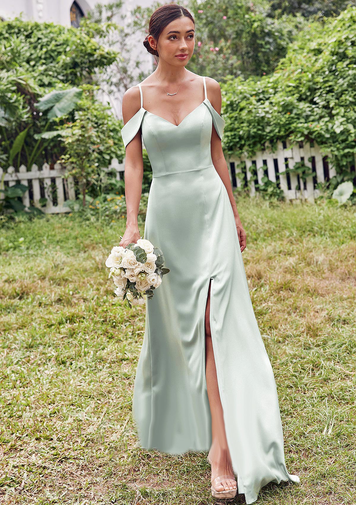 A-line V Neck Sleeveless Floor-Length Stretch Satin Bridesmaid Dresses with Split Aubrie DHP0025263