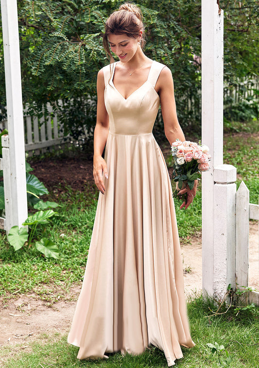 A-line V Neck Sleeveless Floor-Length Stretch Satin Bridesmaid Dresses with Pleated Helena DHP0025266