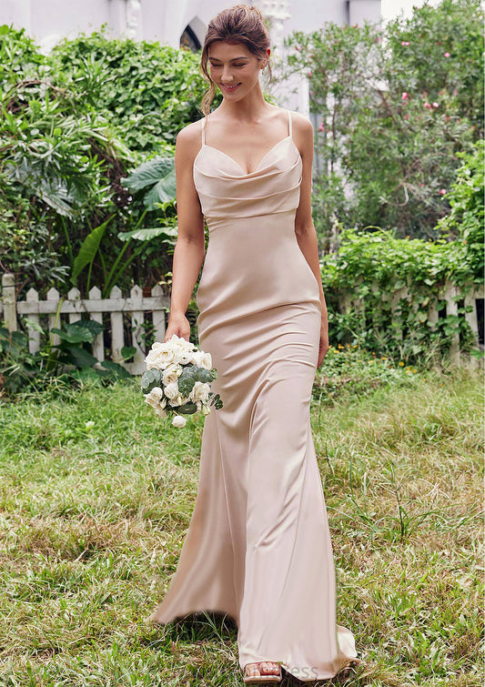 Sheath/Column V Neck Sleeveless Floor-Length Stretch Satin Bridesmaid Dresses with Pleated Myah DHP0025267