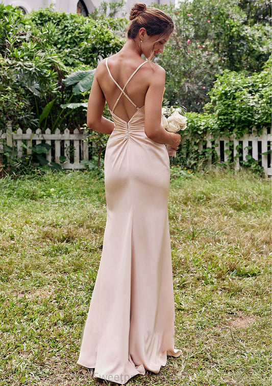 Sheath/Column V Neck Sleeveless Floor-Length Stretch Satin Bridesmaid Dresses with Pleated Myah DHP0025267