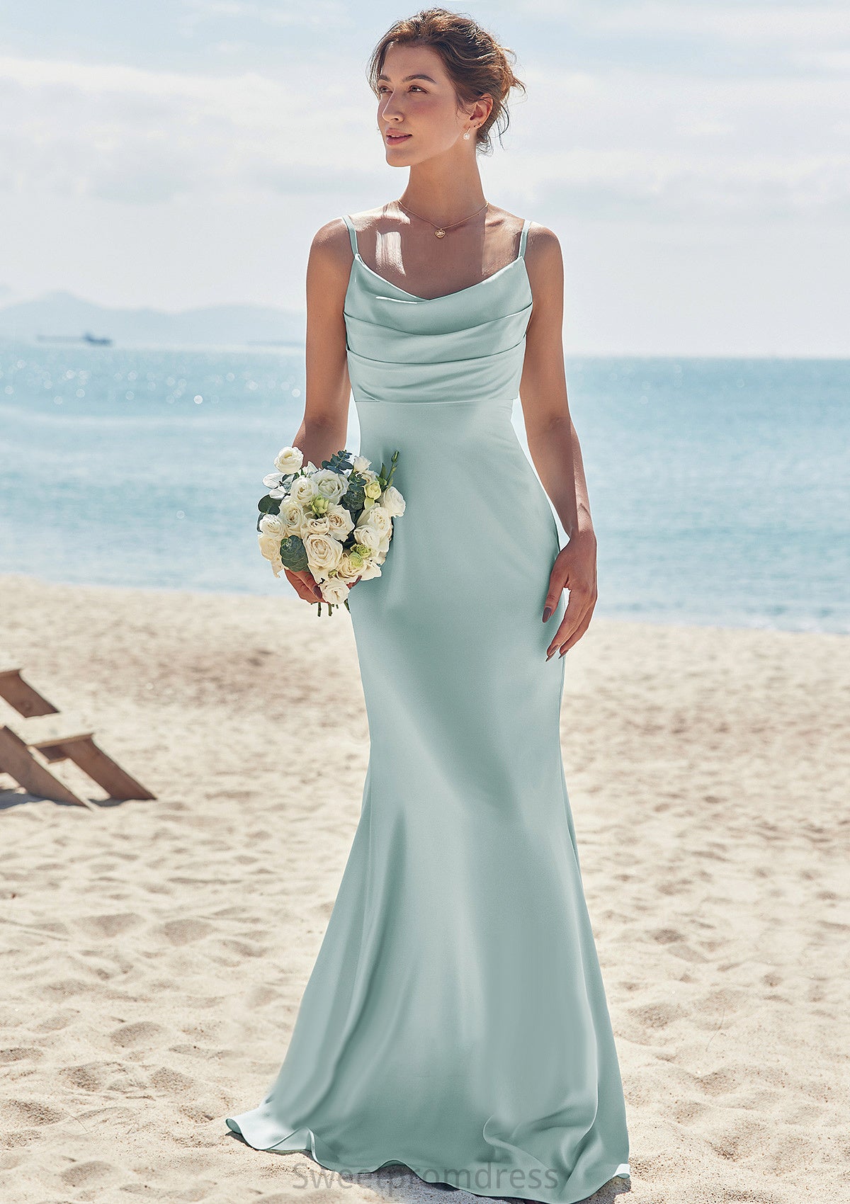 Sheath/Column V Neck Sleeveless Floor-Length Stretch Satin Bridesmaid Dresses with Pleated Sharon DHP0025268