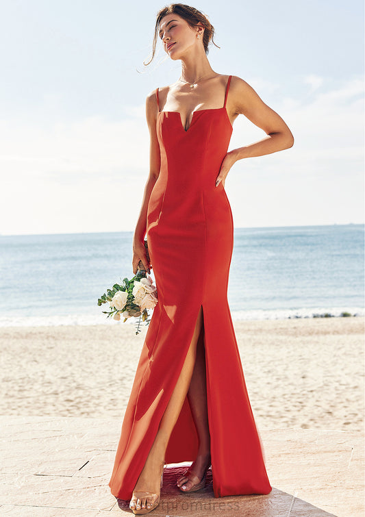 Trumpet/Mermaid V Neck Sleeveless Floor-Length Stretch Crepe Bridesmaid Dresses with Split Kassandra DHP0025269