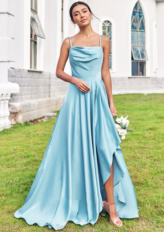 A-line Cowl Neck Sleeveless Floor-Length Stretch Satin Bridesmaid Dresses with Pleated Ruffles Split Gisselle DHP0025270