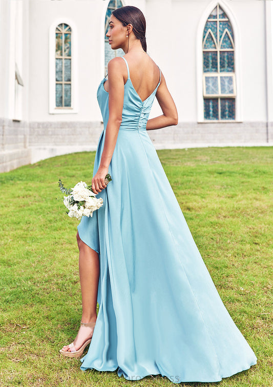 A-line Cowl Neck Sleeveless Floor-Length Stretch Satin Bridesmaid Dresses with Pleated Ruffles Split Gisselle DHP0025270