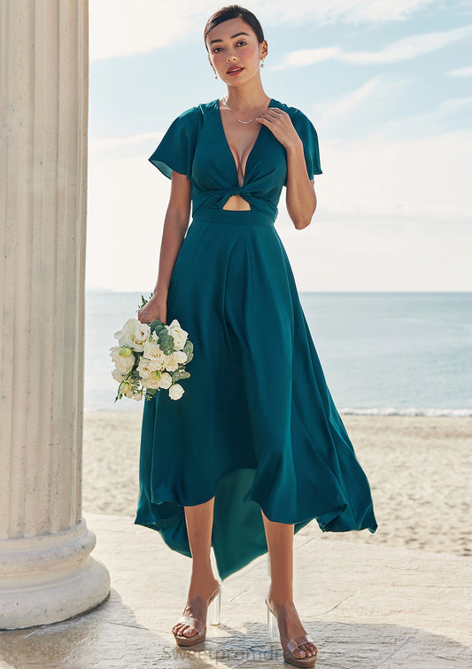 A-line V Neck Short Sleeve Asymmetrical Stretch Satin Bridesmaid Dresses with Bowknot Sashes Monica DHP0025272