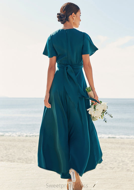 A-line V Neck Short Sleeve Asymmetrical Stretch Satin Bridesmaid Dresses with Bowknot Sashes Monica DHP0025272