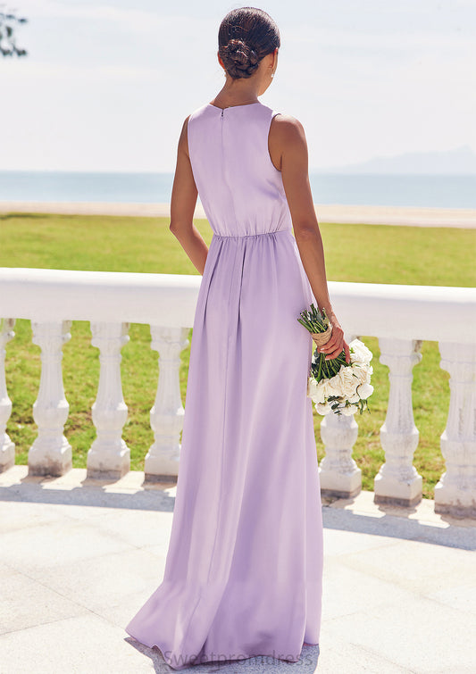 A-line V Neck Sleeveless Floor-Length Stretch Satin Bridesmaid Dresses with Pleated Split Alayna DHP0025276