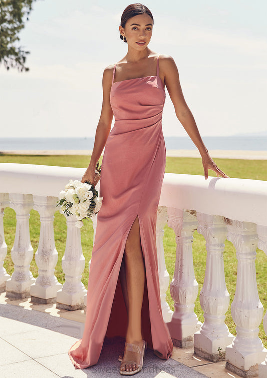 Sheath/Column Square Neckline Sleeveless Floor-Length Stretch Satin Bridesmaid Dresses with Pleated Split Carina DHP0025277