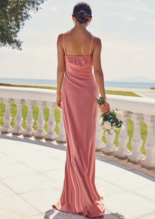 Sheath/Column Square Neckline Sleeveless Floor-Length Stretch Satin Bridesmaid Dresses with Pleated Split Carina DHP0025277