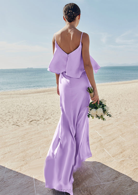 Sheath/Column V Neck Sleeveless Floor-Length Stretch Satin Bridesmaid Dresses with Ruffles Kara DHP0025278