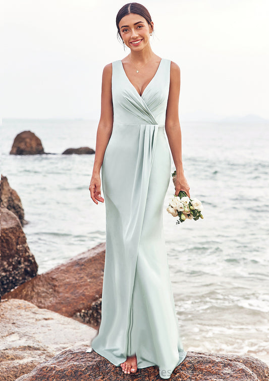 Sheath/Column V Neck Sleeveless Floor-Length Stretch Satin Bridesmaid Dresses with Pleated Split Michelle DHP0025279