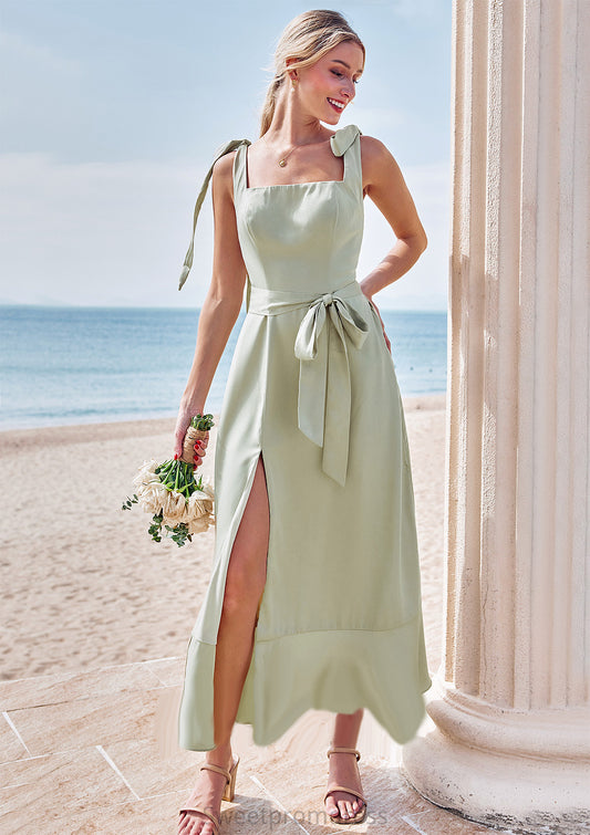 Sheath/Column Square Neckline Sleeveless Tea-Length Stretch Satin Bridesmaid Dresses with Bowknot Ruffles Split Toni DHP0025280