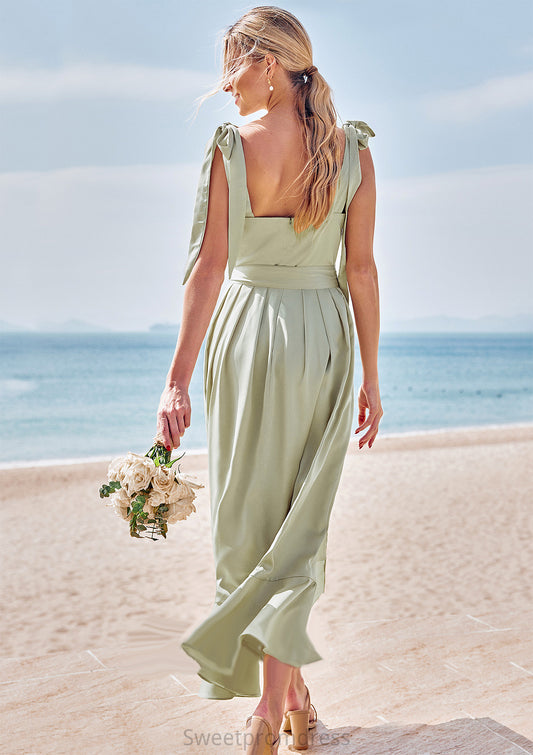 Sheath/Column Square Neckline Sleeveless Tea-Length Stretch Satin Bridesmaid Dresses with Bowknot Ruffles Split Toni DHP0025280