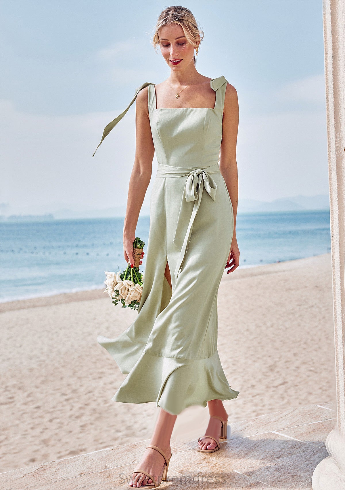 Sheath/Column Square Neckline Sleeveless Tea-Length Stretch Satin Bridesmaid Dresses with Bowknot Ruffles Split Toni DHP0025280