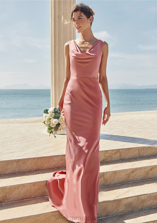 Trumpet/Mermaid Cowl Neck Sleeveless Floor-Length Stretch Satin Bridesmaid Dresses with Sashes Kendal DHP0025281