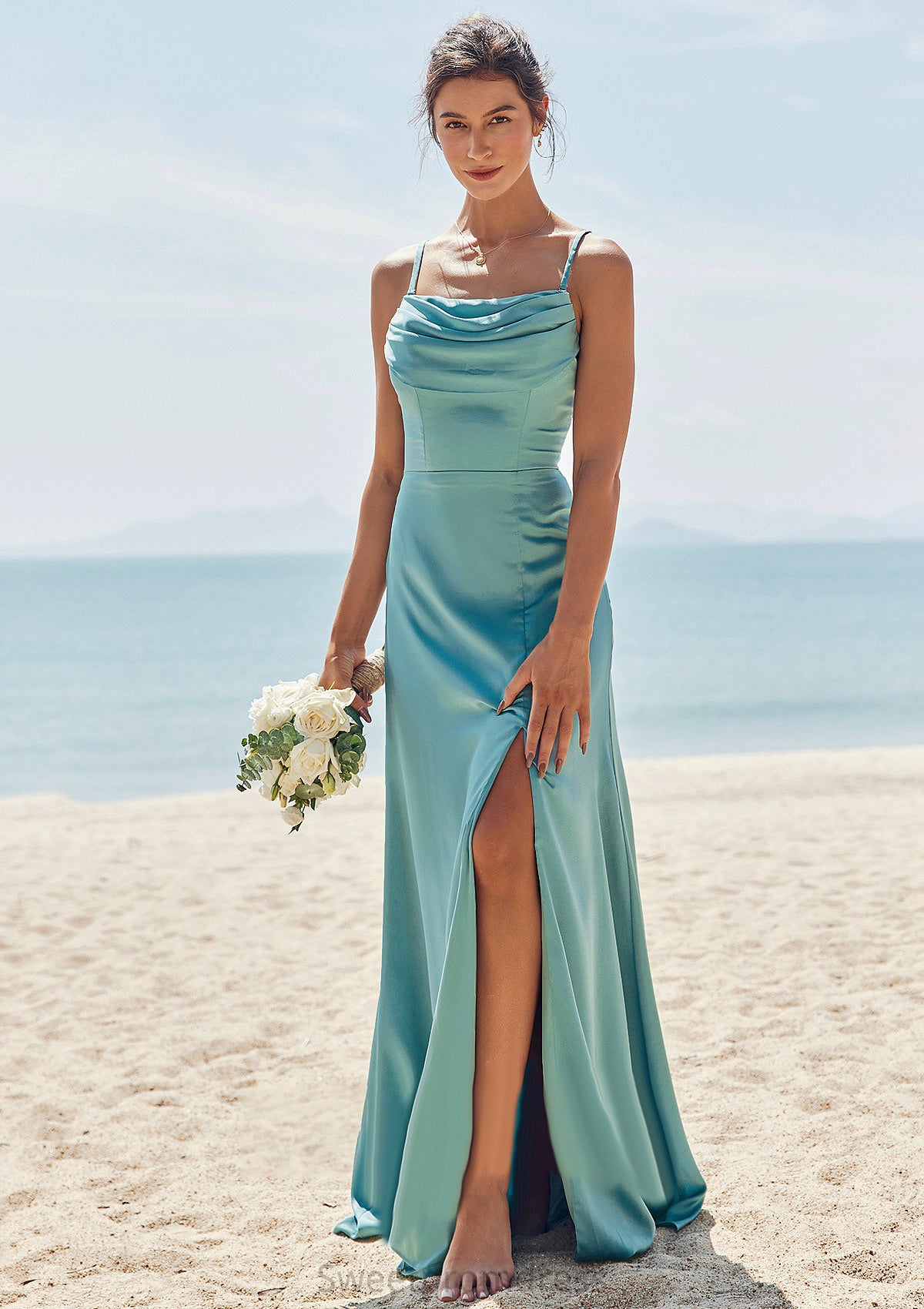 Sheath/Column Square Neckline Sleeveless Floor-Length Stretch Satin Bridesmaid Dresses with Pleated Split Brianna DHP0025282